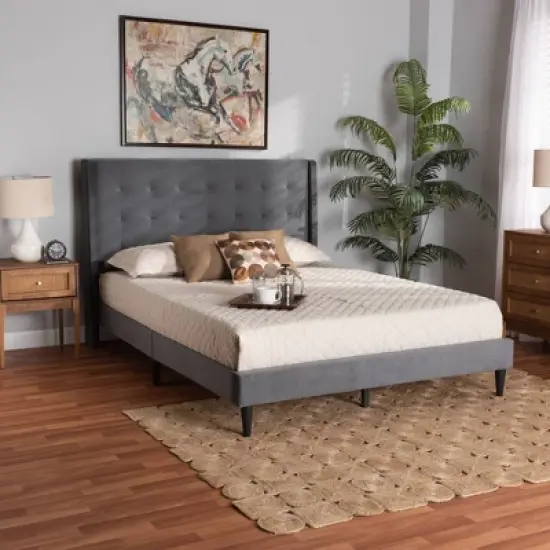 Gothard Velvet Fabric Upholstered and Wood Platform Bed - Baxton Studio image {1}