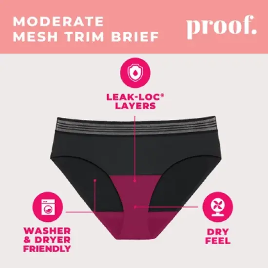 Proof Women's Mesh Trim Briefs, Moderate Absorbency Period Underwear - Black image {3}