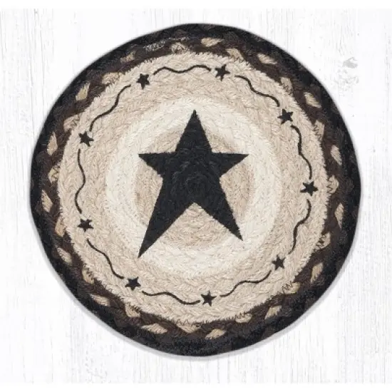 Earth Rugs Round Jute Trivet 10"x10" &ndash; Primitive Black Star Design on Natural Braided Fiber image {3}