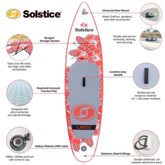 Solstice Watersports Lanai Inflatable Raft Stand-Up Paddle Board Kit w/ Accessory & Camera Mount and Bungee Storage (10'4" x 31'' x 5''), Red image {4}