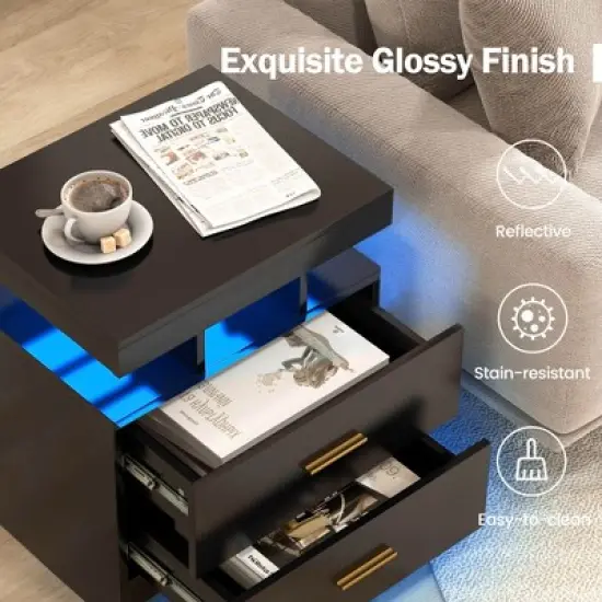 Costway LED Nightstand Set of 1/2 with 2 Storage Drawers Adjustable Light Mode Remote Control image {4}