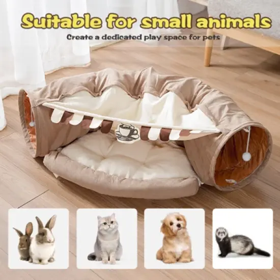 LOVSON Foldable Cat Tunnel Bed, Indoor Cat Use Only, Cat Hideaway Tunnel with Hanging Toy and Soft Cushion Pad, Washable, Coffee Brown image {3}