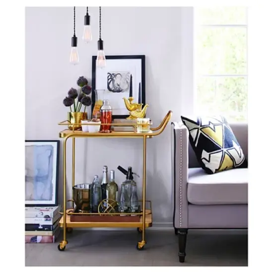 Metal, Wood, and Leather Bar Cart - Gold - Threshold&trade; image {1}