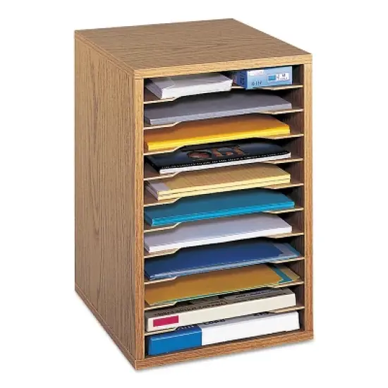 Safco Wood Vertical Desktop Sorter, 11 Compartments, 10.63 x 11.88 x 16, Medium Oak image {3}