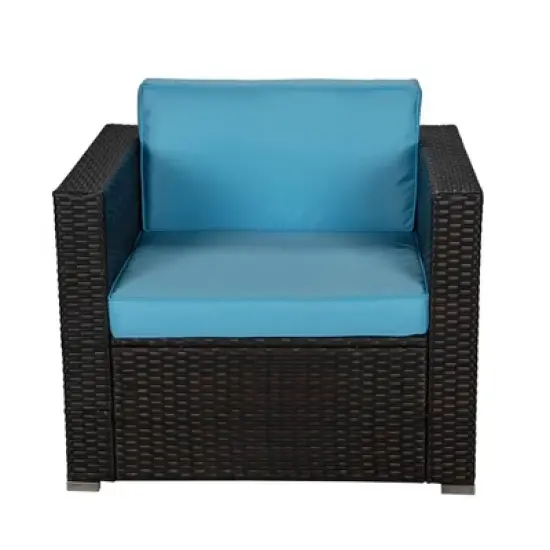 6pc Outdoor Rattan Wicker Set with Sofas, Chairs, Coffee Table & Ottoman - Brown/Blue - GODEER image {9}