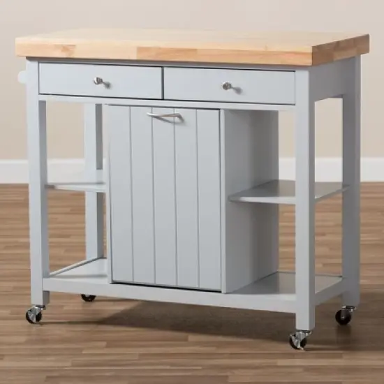 Hayward Coastal and Farmhouse Natural Wood Kitchen Cart White, Light Brown - Baxton Studio image {3}