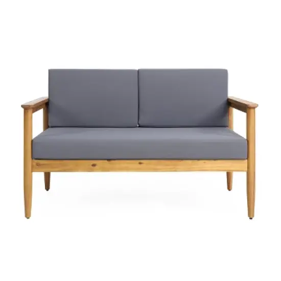 Christopher Knight Home Magnolia Outdoor 52.75" Acacia Wood Loveseat with Cushions, Teak/Dark Gray image {1}