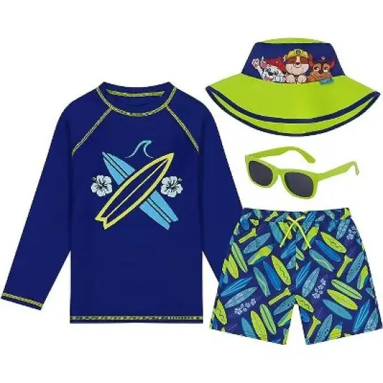 Mickey Mouse/Paw Patrol Boy's 4-Piece Kids Set, Long Sleeves Rash Guard Swim Shorts, Sunglasses & Bucket Hat (Ages 3-8) image {2}