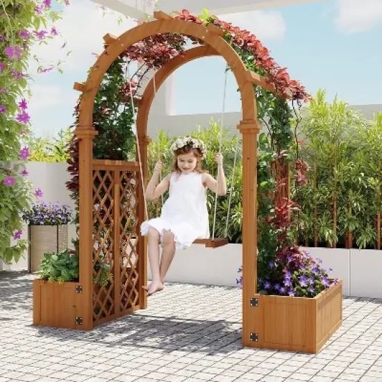 Acekool Wood Garden Arbor with Planter Boxes and Detachable Swing, Outdoor Arch Trellis for Climbing Plants, Brown image {4}