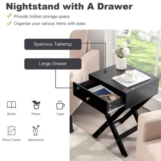 Costway Side Nightstand with Drawer x Shaped Structure Accent Sofa End Table White\Black image {7}