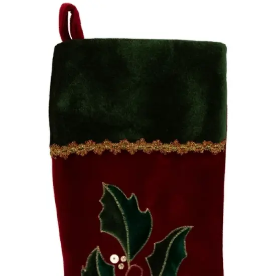 Northlight 21" Red and Green Holly Embroidered Velvet Christmas Stocking image {2}