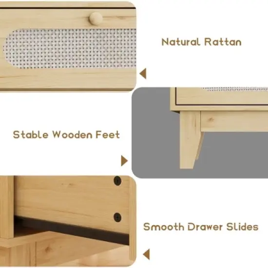 Rattan Nightstand with Drawers, Modern Large Bedside Table Night Stand for Bedroom image {5}