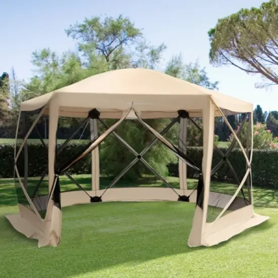DSVIMOY 12'*12' Hexagon Screen House, Pop Up Portable Gazebo Canopy Shelter with Mesh Netting Walls, Beige, 139.75"*139.75"*90.5" image {1}