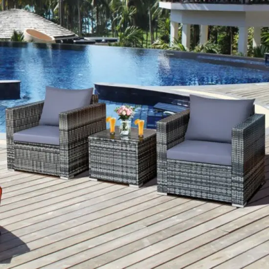 Tangkula 3-Piece Patio Wicker Conversation Set Bistro Rattan Sofa Chair with Washable Cushion Gray image {1}