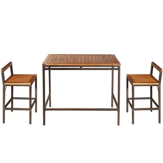 Costway 3 PCS Patio Rattan Wicker Bar wood Table Chair Outdoor image {4}