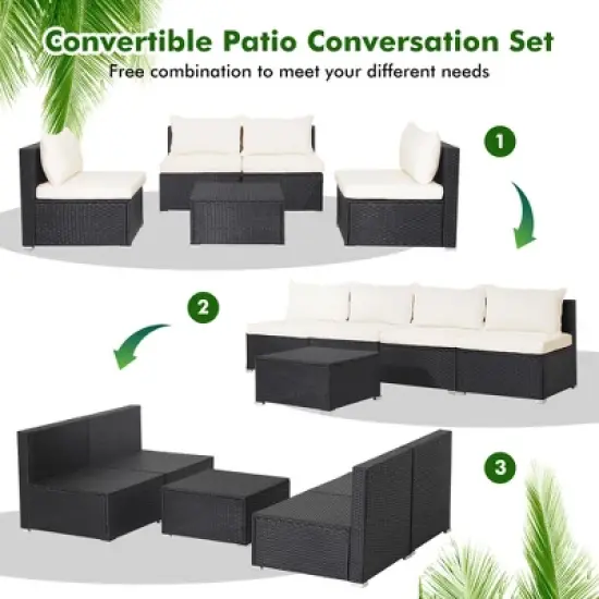 Costway 5PCS Patio Rattan Wicker Furniture Conversation Set Cushioned Sofa Deck image {7}
