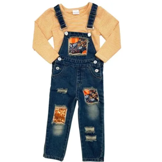 Girls Autumn Vibes Patched Overall Jeans Set Mia Belle Girls, Orange, 6 image {2}