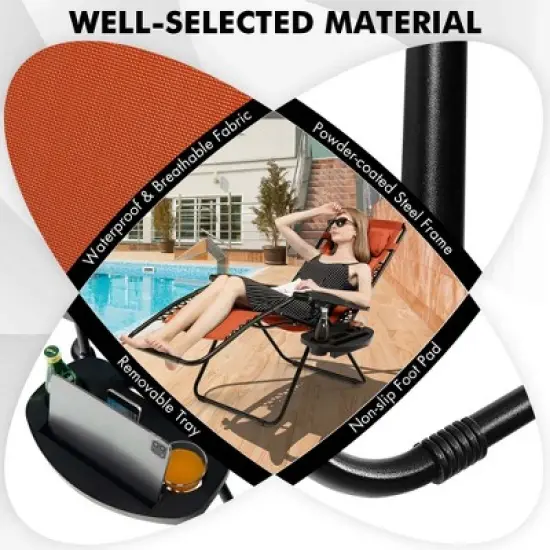 Costway Folding Zero Gravity Reclining Lounge Chairs Beach Patio with Utility Tray Orange image {6}