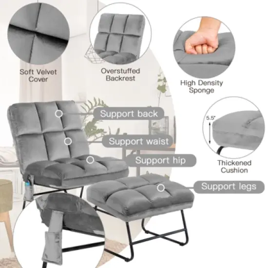 Costway Electric Massage Chair Vibrating Velvet Sofa w/Ottoman and Remote Control Gray image {6}