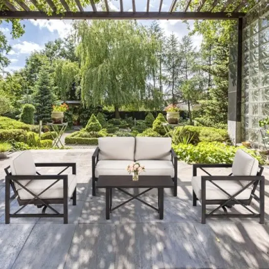 Costway 2PCS Patio Loveseat Coffee Table Set 6''  Thick Cushion Garden Beige image {2}