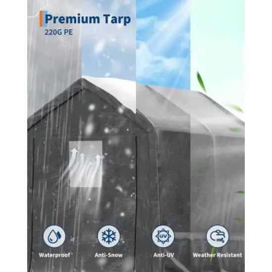 10x10FT Outdoor Storage Shed Carport with Roll-Up Zipper Door, Portable Garage Storage Shelter Heavy Duty Waterproof PE Tarp for Bike, ATV, Grey image {1}