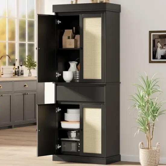 Kitchen Pantry Cabinet, Tall Storage Cabinet with Rattan Doors and Adjustable Shelves, Freestanding Cupboard with Drawer for Bathroom, (Black) image {8}
