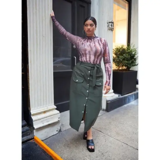 Rebdolls Women's Sierra Tie Belt Button Front Cargo Maxi Shift Skirt image {4}