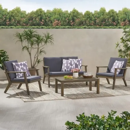 FIONECA 4-Seater Outdoor Acacia Wood Chat Set &uml;C Loveseat, 2 Club Chairs & Coffee Table, Gray Finish + Dark Grey Cushions image {7}