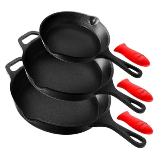 NutriChef Heavy Duty Non Stick Pre Seasoned Cast Iron Skillet Frying Pan 3 Piece Set, 8 Inch 10 Inch 12 Inch Pans with Silicone Handles (2 Pack) image {1}