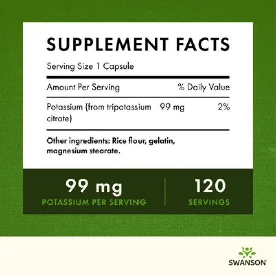 Swanson Ultra Potassium Citrate Mineral Supplement, Essential Electrolyte Helps Support Heart Health & Energy, 99 mg (120 Capsules) image {3}