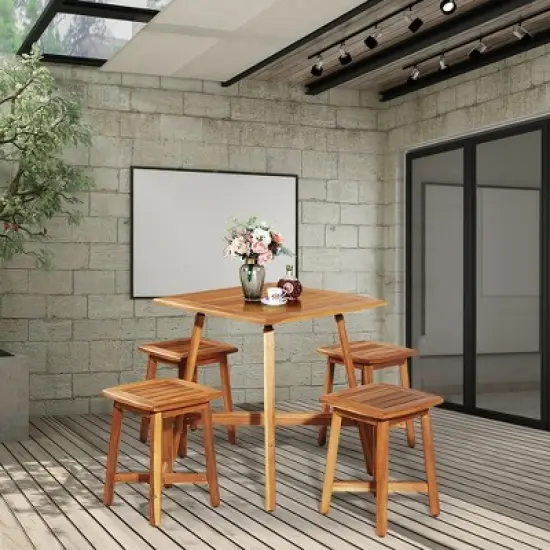 Costway 5PCS Acacia Patio Dining Set W/Square Table & 4 Stools Reddish Brown image {3}