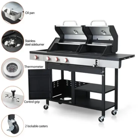 Dolonm 3+1 Hybrid Grill: Gas & Charcoal Combo w/Side Burner, 37,230BTU, Enamel Cast Iron Grids & Lockable Casters (Black) image {4}