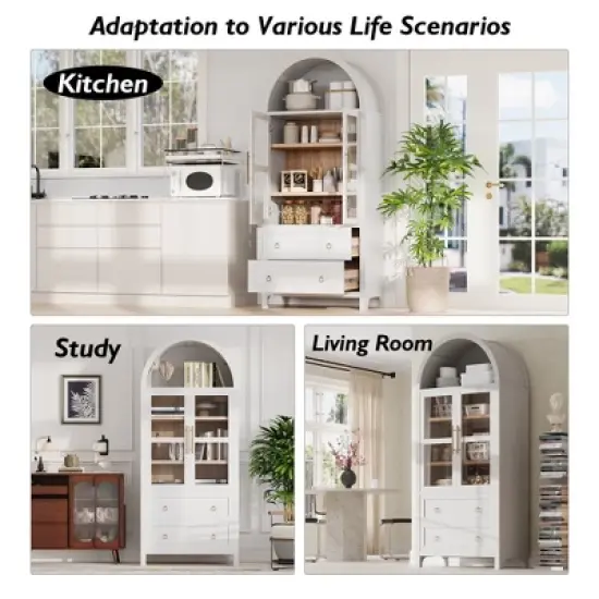 Gulches Modern Farmhouse Arched Kitchen Pantry Cabinet - 2 Large Drawers, Adjustable Shelves, Glass Door, Wood, White, 30"W x15.75"D x71"H image {6}
