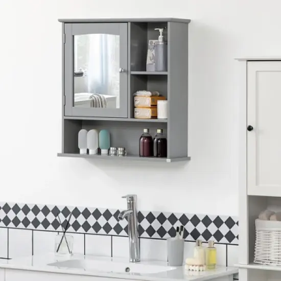 kleankin Wall-Mounted Bathroom Mirror Cabinet Organizer with Storage, Adjustable Shelf, and Magnetic Door Design, Grey image {1}