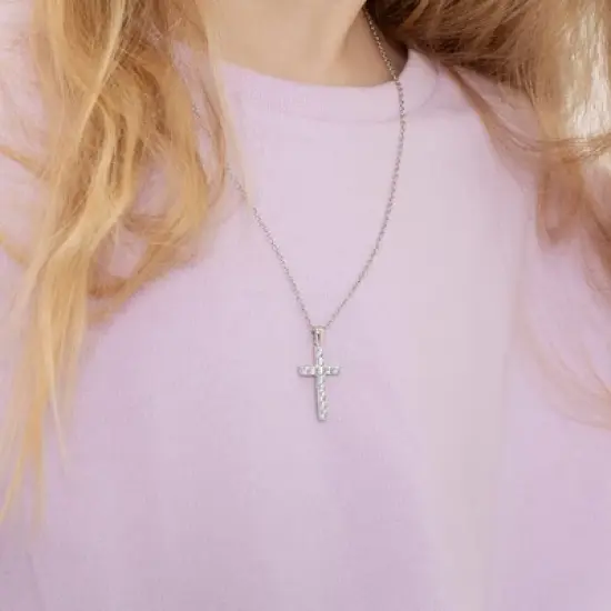 Girls' CZ Stick Cross Sterling Silver Necklace - In Season Jewelry image {2}