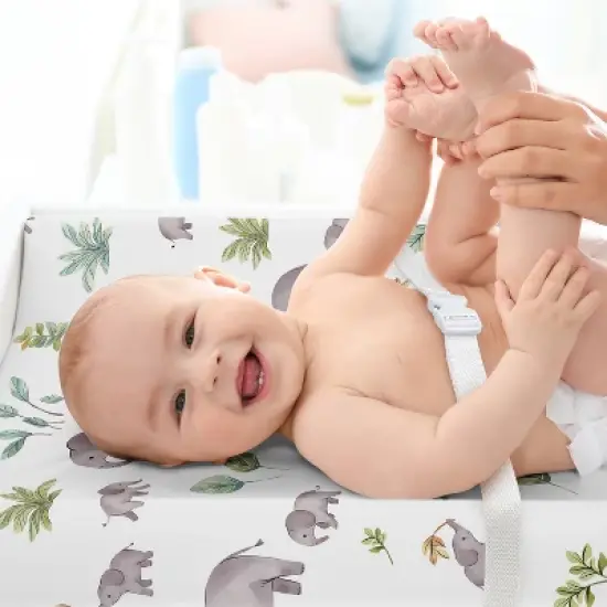 Sweet Jojo Designs Gender Neutral Unisex Changing Pad Sheet Watercolor Elephants Grey Green and Blue image {2}