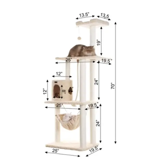 Armarkat 70" Real Wood Cat Furniture,Ultra thick Faux Fur Covered Cat Condo House A7005, Beige image {7}