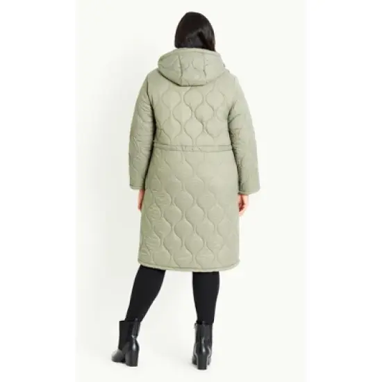 Women's Plus Size Quilted Hood Coat - Green | EVANS image {3}