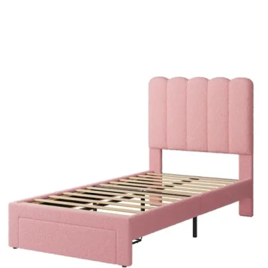 2 Sets Twin Bed Frame with Under-Bed Drawer, Boucle Upholstered Platform Bed with Wave Headboard, Wooden Slats Support, No Box Spring Needed, Pink image {5}