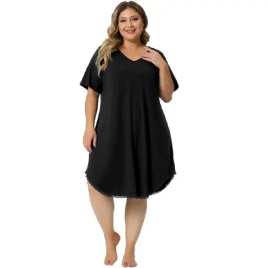 Agnes Orinda Women's Plus Size V Neck Short Sleeve Lace Trim Hem Nightgown image {2}