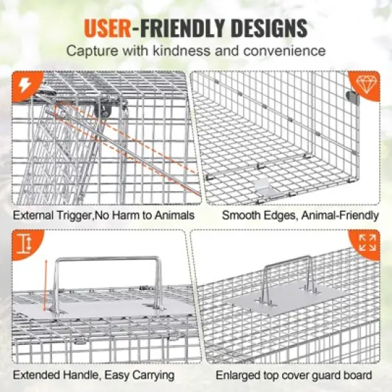 VEVOR Live Animal Cage Trap, 42" x 16" x 18" Humane Cat Trap Galvanized Iron, Folding Animal Trap with Handle for Stray Dogs, Armadillos, Raccoons image {3}