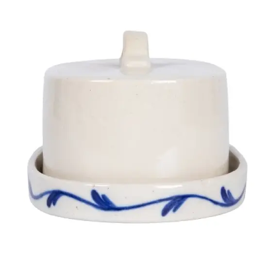 Storied Home Hand-Painted Stoneware Butter Dish with Flower, Blue and White image {2}