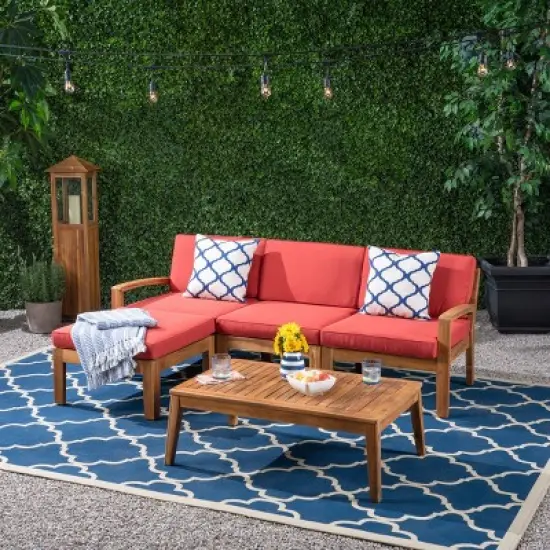 Outdoor Sectional Sofa Set, 3 Pcs Acacia Sofa Set for 3 People, Sectional Sofas with Acacia Table, Wood Frame and PE Cushions-Coolbibila image {10}
