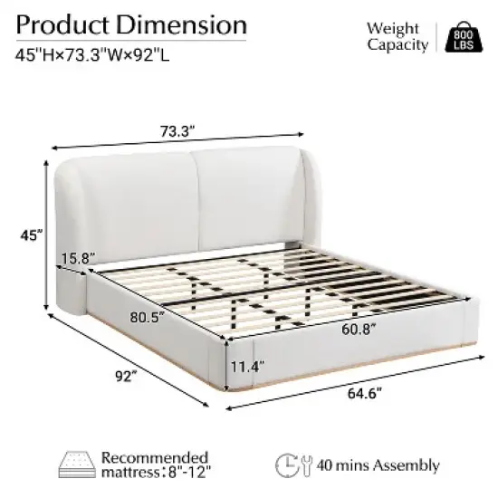Queen/King Size Platform Bed Frame with Upholstered Headboard - ModernLuxe image {7}