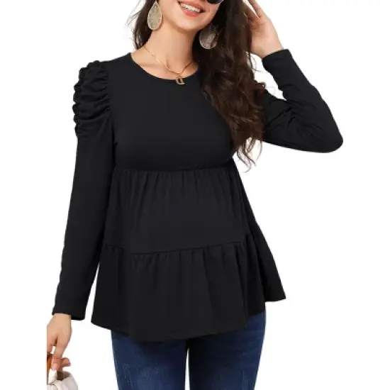 Coolmee Womens Maternity Tops Long Sleeve Pregnancy Babydoll Tunic Blouses Crew Neck Shirts Pregnant Clothes image {3}