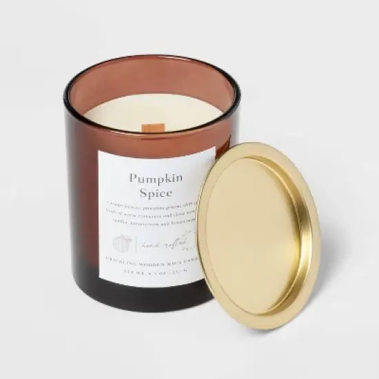 Clear Colored Glass with Woodwick and Brass Metal Inset Lid Pumpkin Spice - Threshold&trade; image {3}