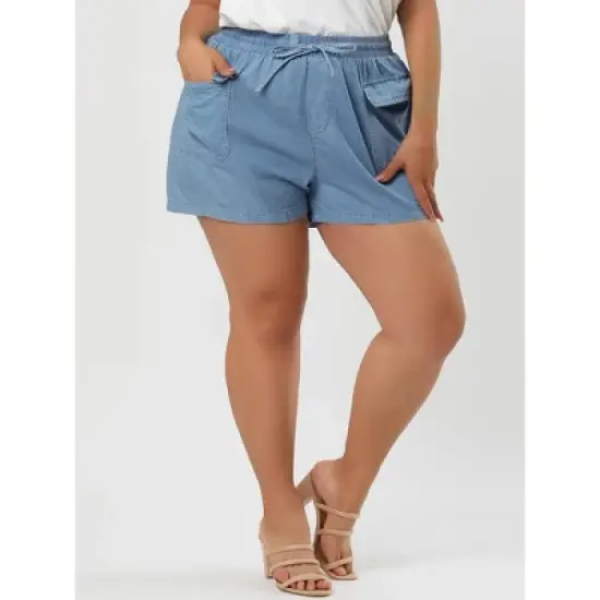 Agnes Orinda Women's Plus Size Drawstring Elastic Waist Pockets Denim Shorts image {1}