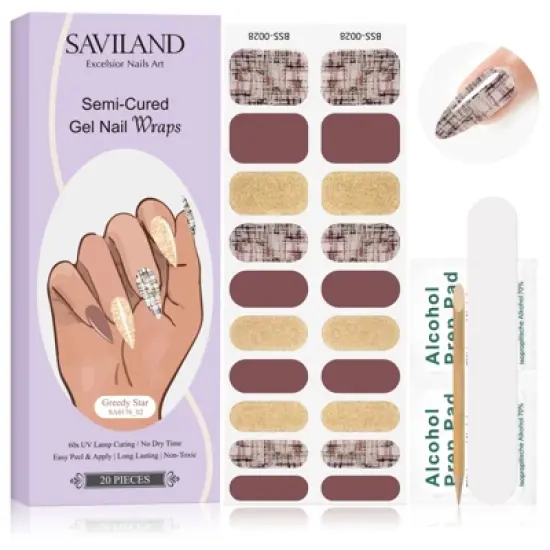 Saviland Women's 20PCS 10 Sizes Semi-Cured Gel Nail Strips Kit - Pink Gold Glitter Design with Tools. image {6}