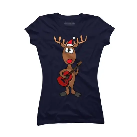 Junior's Design By Humans Funny Cool Christmas Reindeer Playing the Guitar By SmileToday T-Shirt image {5}