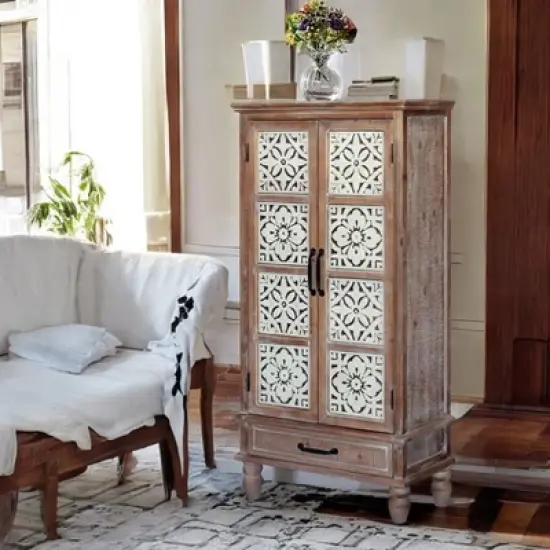 55.12'' Tall Tower Storage Cabinet - Rustic Wood Sideboard Pantry Cabinet with 2 Doors and A Drawer,Versatile Buffet with Storage for Home Decor image {2}